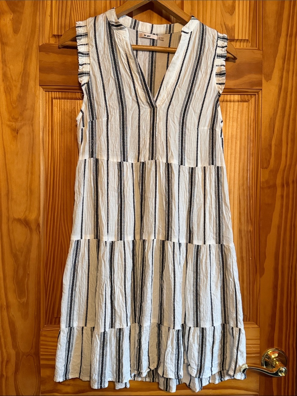 Mi Ami White and Black Striped Sleeveless Tiered V-Neck Midi Dress